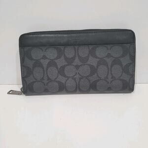 Coach Leather Wallet Black Gray Graphite Zip Around Large‎ XL Clutch Classic